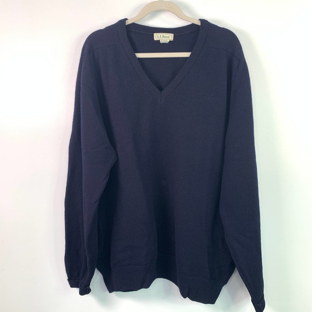 LL Bean Mens Tall Pure Lambswool Navy Blue V-neck Cardigan Sweater XL